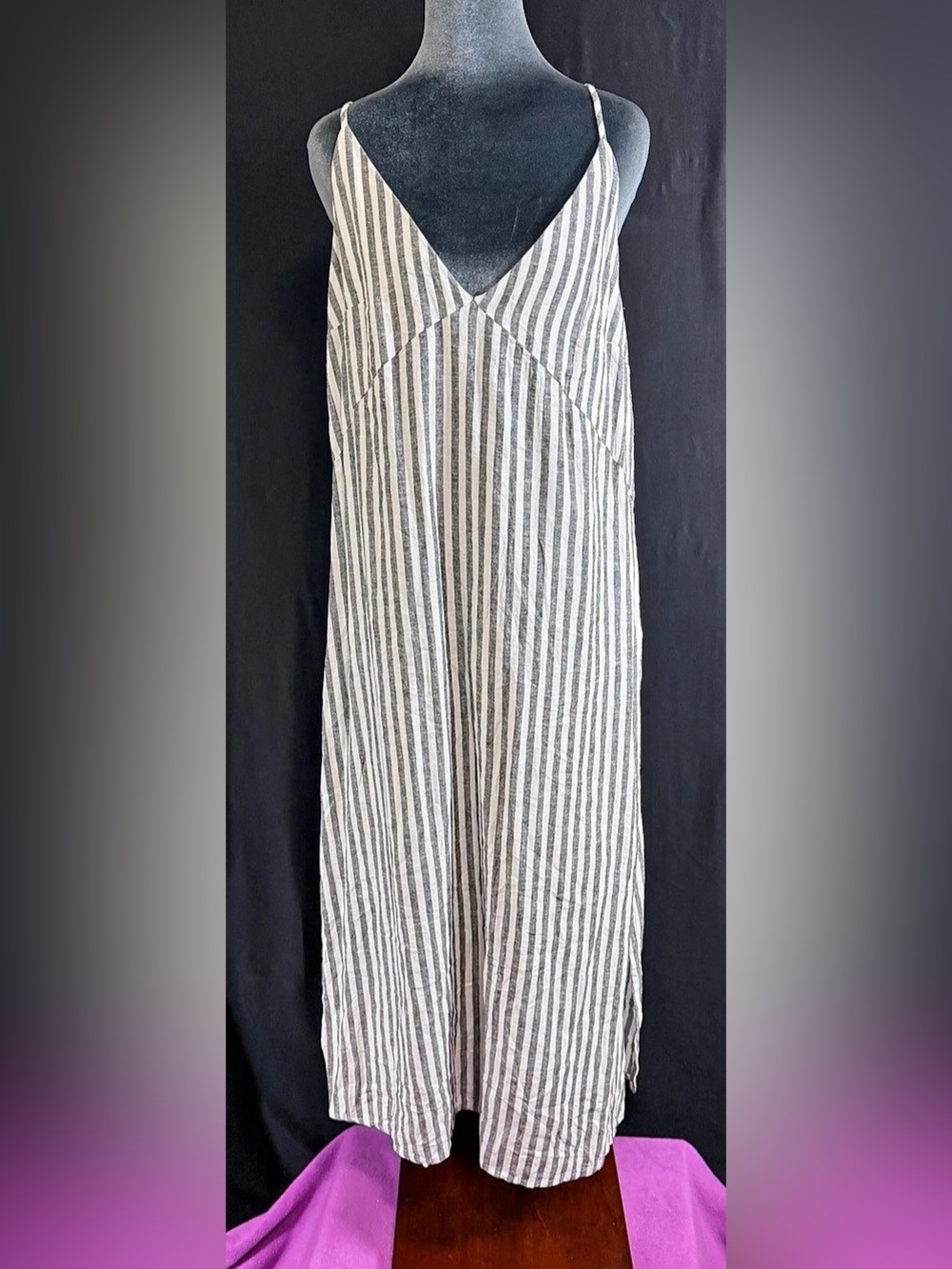 Gap Striped Linen Maxi Dress Gray & White Size 6 Like New Beach coastal Lagenlo